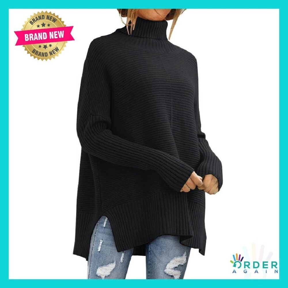 Oversized Turtleneck Sweater Batwing Sleeve Ribbed Tunic Chic Fall